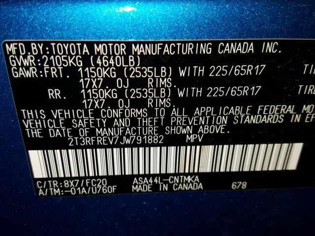 2T3RFREV7JW791882 - 2018 TOYOTA RAV4 ADVEN BLUE photo 10