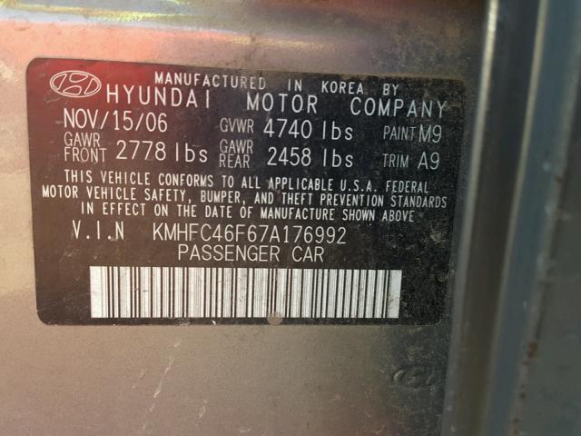 KMHFC46F67A176992 - 2007 HYUNDAI AZERA SE TURQUOISE photo 10