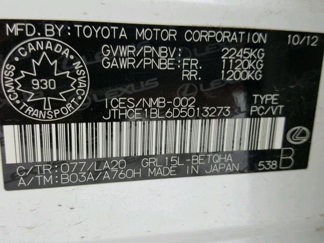 JTHCE1BL6D5013273 - 2013 LEXUS GS 350 WHITE photo 10