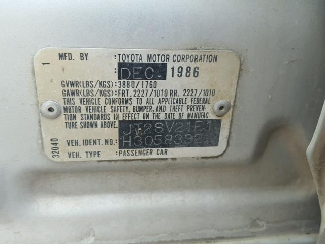 JT2SV21E1H3058332 - 1987 TOYOTA CAMRY DLX SILVER photo 10