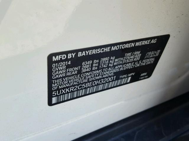 5UXKR2C58E0H32001 - 2014 BMW X5 SDRIVE3 WHITE photo 10