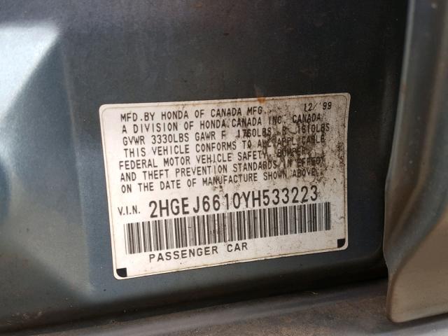 2HGEJ6610YH533223 - 2000 HONDA CIVIC BASE GREEN photo 10