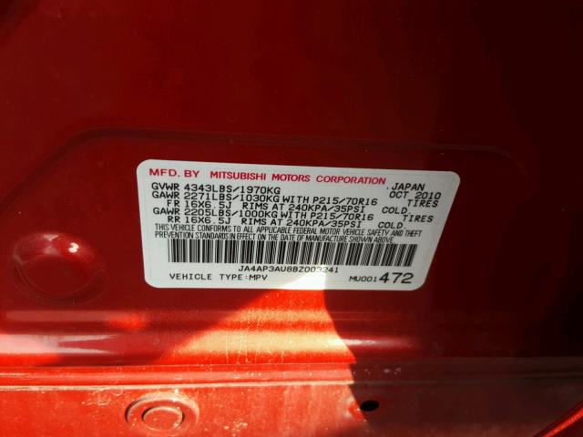 JA4AP3AU8BZ003241 - 2011 MITSUBISHI OUTLANDER RED photo 10