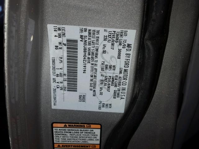 5LMEU88H04ZJ19194 - 2004 LINCOLN AVIATOR 银色 照片 10