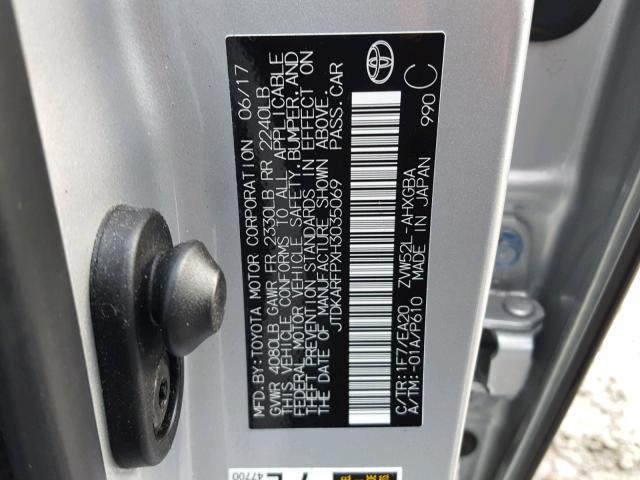 JTDKARFPXH3035069 - 2017 TOYOTA PRIUS PRIM ვერცხლისფერი ფოტო 10