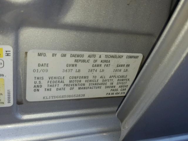 KL1TD66E59B652838 - 2009 CHEVROLET AVEO LS 银色 照片 10