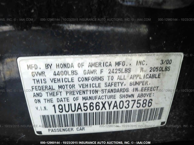 19UUA566XYA037586 - 2000 ACURA 3.2TL BLUE photo 9