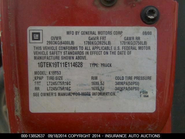 1GTEK19T11E114628 - 2001 GMC SIERRA K1500 RED photo 9