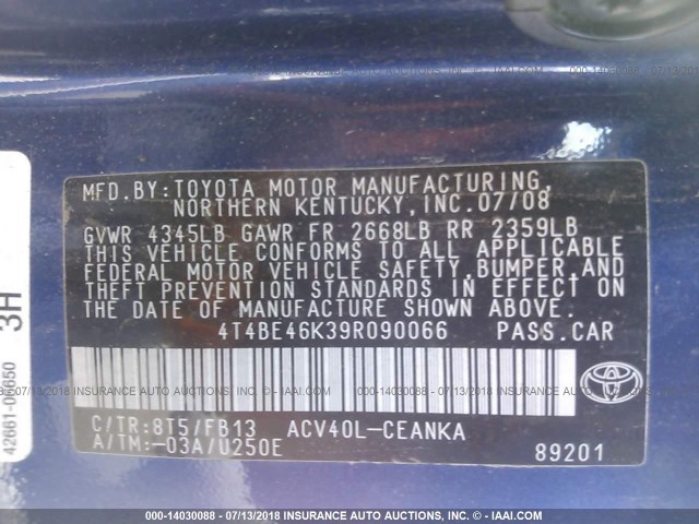 4T4BE46K39R090066 - 2009 TOYOTA CAMRY SE/LE/XLE BLUE photo 9