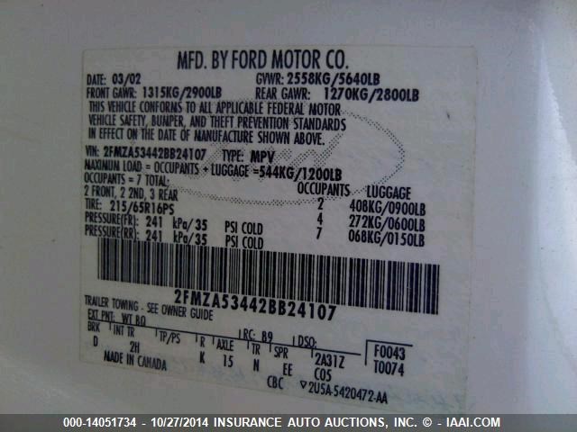 2FMZA53442BB24107 - 2002 FORD WINDSTAR SEL WHITE photo 9