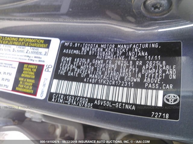 4T4BF1FK2CR172311 - 2012 TOYOTA CAMRY SE/LE/XLE 灰色 照片 9