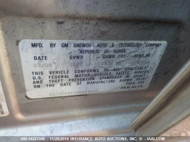 KL1TD66638B244698 - 2008 CHEVROLET AVEO LS SILVER photo 9