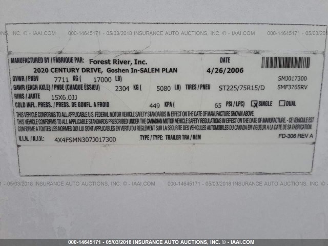 4X4FSMN307J017300 - 2006 FOREST RIVER SALEM  白色 照片 9