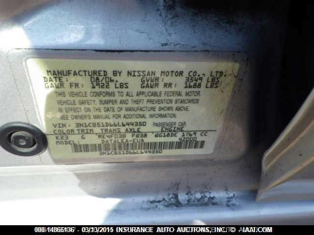 3N1CB51D66L644350 - 2006 NISSAN SENTRA 1.8/1.8S SILVER photo 9