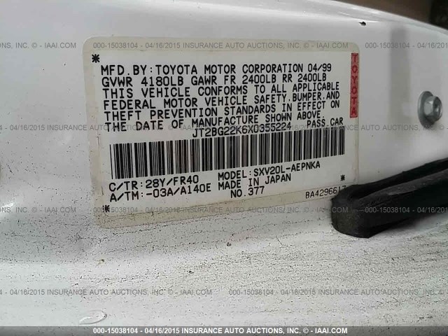 JT2BG22K6X0355224 - 1999 TOYOTA CAMRY LE/XLE WHITE photo 9