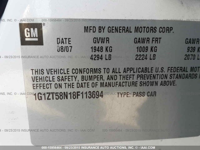 1G1ZT58N18F113694 - 2008 CHEVROLET MALIBU LT/CLASSIC 白色 照片 9