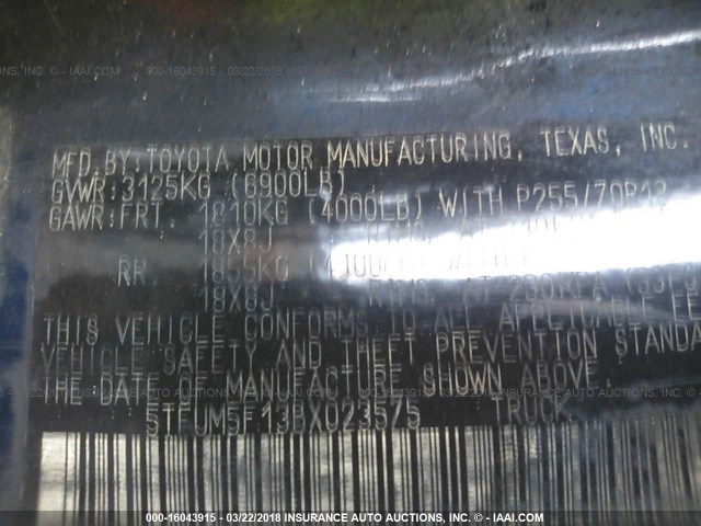 5TFUM5F13BX023575 - 2011 TOYOTA TUNDRA DOUBLE CAB SR5 BLUE photo 9