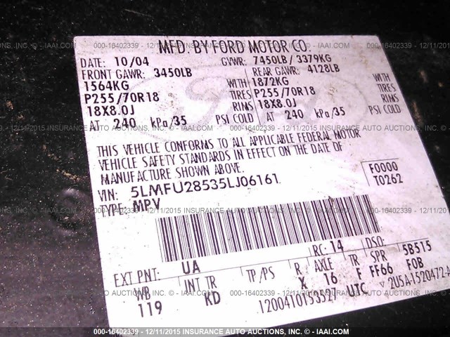 5LMFU28535LJ06161 - 2005 LINCOLN NAVIGATOR BLACK photo 9