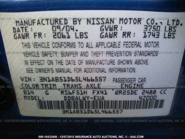 3N1AB51D65L466557 - 2005 NISSAN SENTRA SE-R SPEC V BLUE photo 9