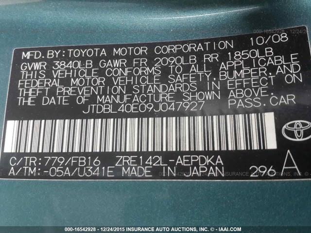JTDBL40E09J047927 - 2009 TOYOTA COROLLA LE/XLE GREEN photo 9
