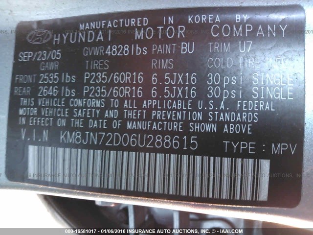 KM8JN72D06U288615 - 2006 HYUNDAI TUCSON GLS/LIMITED 蓝色 照片 9