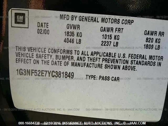 1G3NF52E7YC381849 - 2000 OLDSMOBILE ALERO GLS 黑色 照片 9