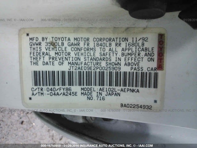 JT2AE09E2P0025909 - 1993 TOYOTA COROLLA LE/DX 白色 照片 9