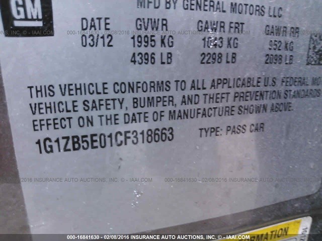 1G1ZB5E01CF318663 - 2012 CHEVROLET MALIBU LS 棕色 照片 9