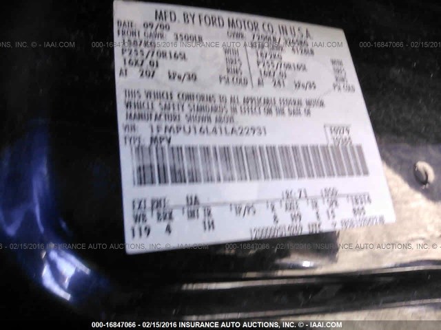 1FMPU16L41LA22931 - 2001 FORD EXPEDITION XLT BLACK photo 9