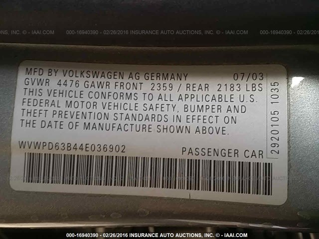 WVWPD63B44E036902 - 2004 VOLKSWAGEN PASSAT GLS GRAY photo 9