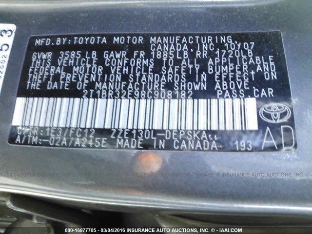 2T1BR32E98C908182 - 2008 TOYOTA COROLLA (U.S.) CE/LE/S GRAY photo 9