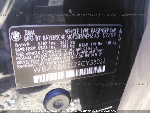 WBAKB83529CY58023 - 2009 BMW 750 LI BLACK photo 9