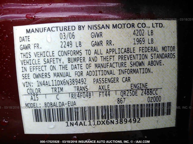 1N4AL11DX6N389492 - 2006 NISSAN ALTIMA S/SL RED photo 9