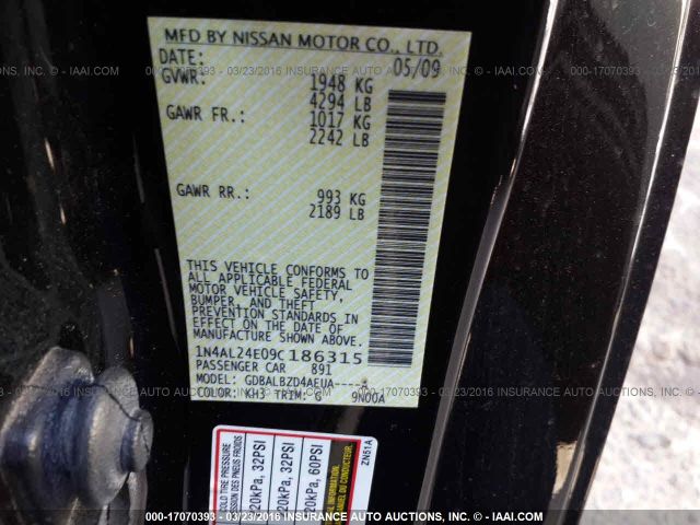 1N4AL24E09C186315 - 2009 NISSAN ALTIMA 2.5 S BLACK photo 9