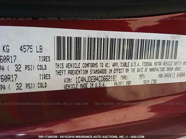 1C4NJDEB4CD662181 - 2012 JEEP COMPASS LATITUDE 勃艮第红 照片 9