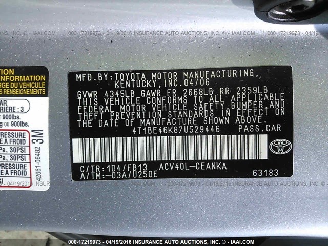 4T1BE46K87U529446 - 2007 TOYOTA CAMRY NEW GENERAT CE/LE/XLE/SE SILVER photo 9