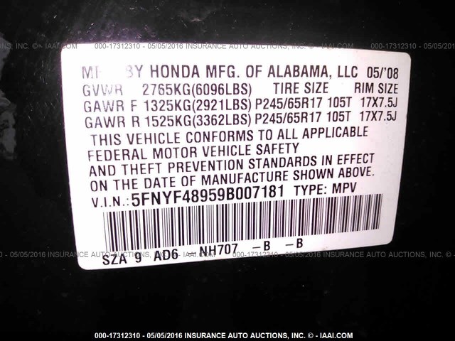 5FNYF48959B007181 - 2009 HONDA PILOT TOURING BLACK photo 9