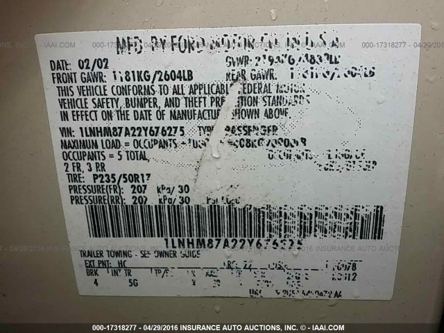 1LNHM87A22Y676275 - 2002 LINCOLN LS 奶油色 照片 9