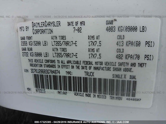 3D7KU28683G704874 - 2003 DODGE RAM 2500 ST/SLT 白色 照片 9