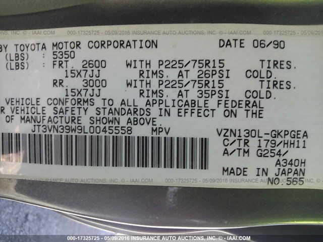 JT3VN39W9L0045558 - 1990 TOYOTA 4RUNNER VN39 SR5 灰色 照片 9