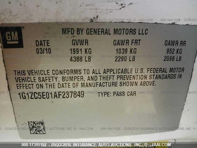 1G1ZC5E01AF237849 - 2010 CHEVROLET MALIBU 1LT WHITE photo 9