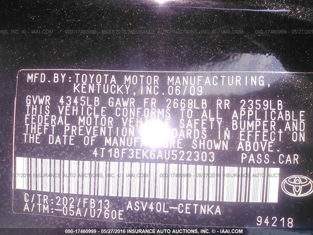 4T1BF3EK6AU522303 - 2010 TOYOTA CAMRY SE/LE/XLE BLACK photo 9