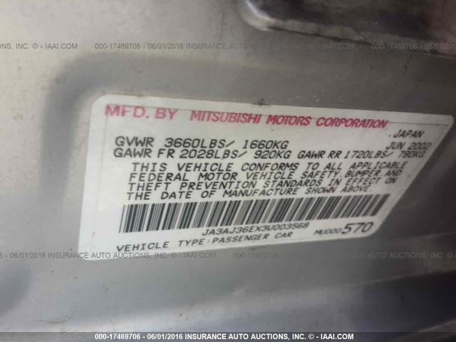 JA3AJ36EX3U003568 - 2003 MITSUBISHI LANCER LS SILVER photo 9