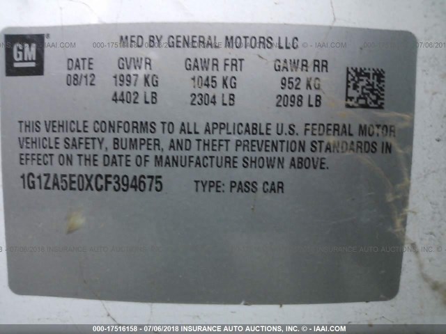 1G1ZA5E0XCF394675 - 2012 CHEVROLET MALIBU LS WHITE photo 9