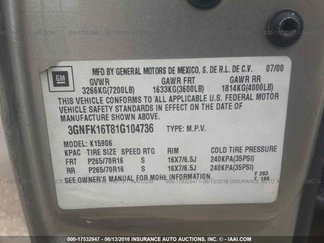 3GNFK16T81G104736 - 2001 CHEVROLET SUBURBAN K1500 TAN photo 9