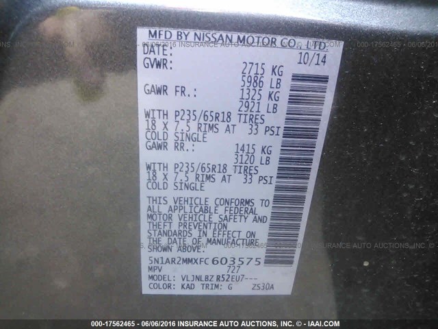 5N1AR2MMXFC603575 - 2015 NISSAN PATHFINDER S/SV/SL/PLATINUM GRAY photo 9