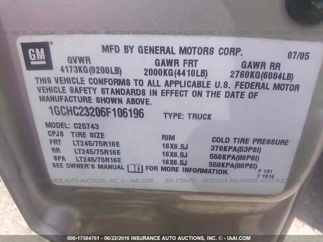 1GCHC23206F106196 - 2006 CHEVROLET SILVERADO C2500 HEAVY DUTY GRAY photo 9