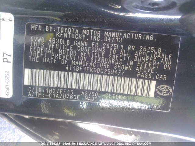 4T1BF1FK6DU259477 - 2013 TOYOTA CAMRY L/SE/LE/XLE შავი ფოტო 9