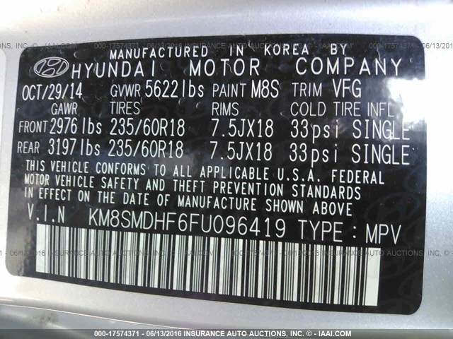 KM8SMDHF6FU096419 - 2015 HYUNDAI SANTA FE GLS SILVER photo 9