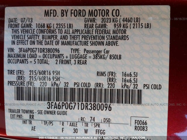 3FA6P0G71DR380096 - 2013 FORD FUSION S RED photo 9